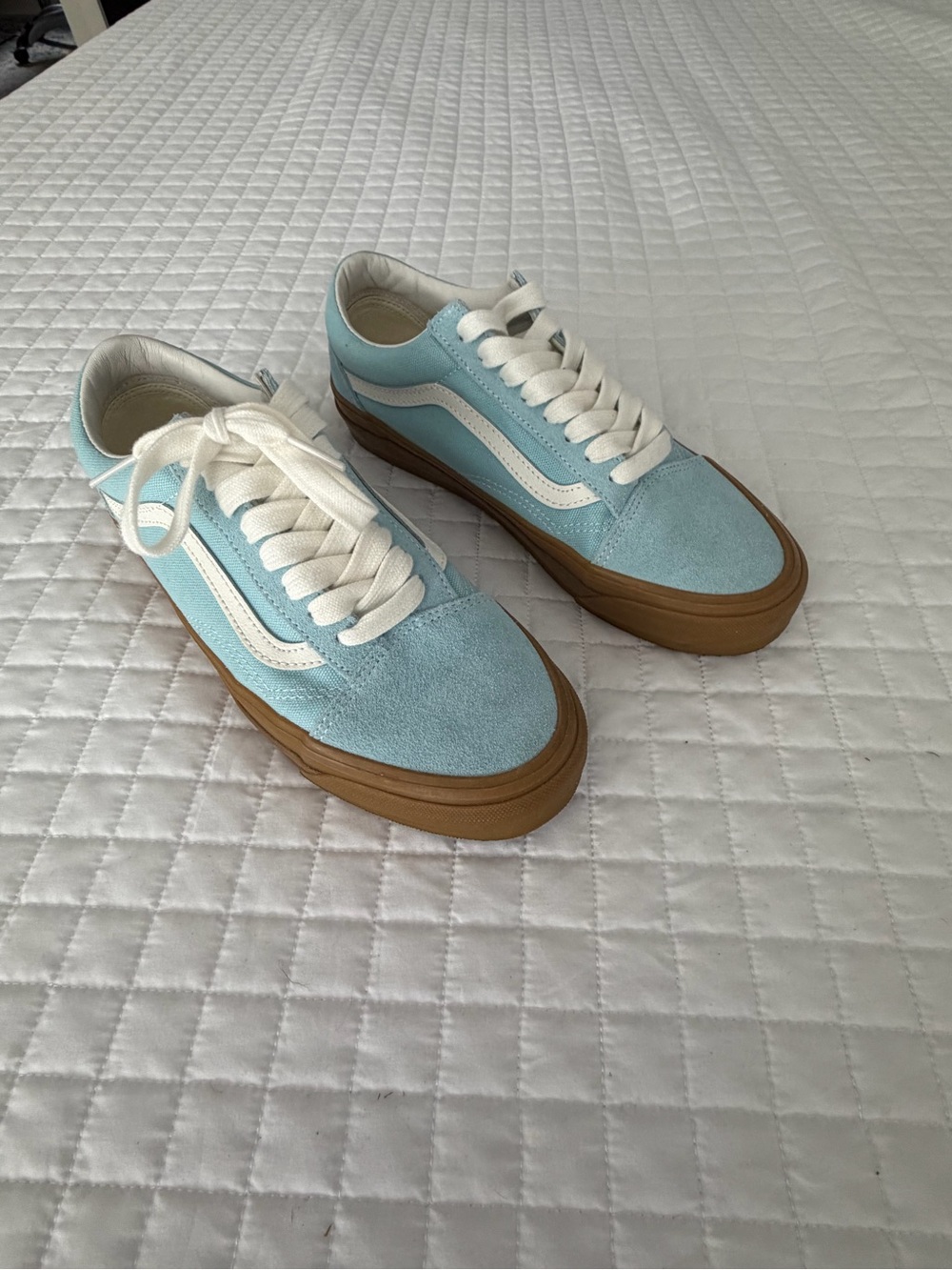 Vans Light Blue Suede Low-Top Sneakers with White Stripe and Gum Sole